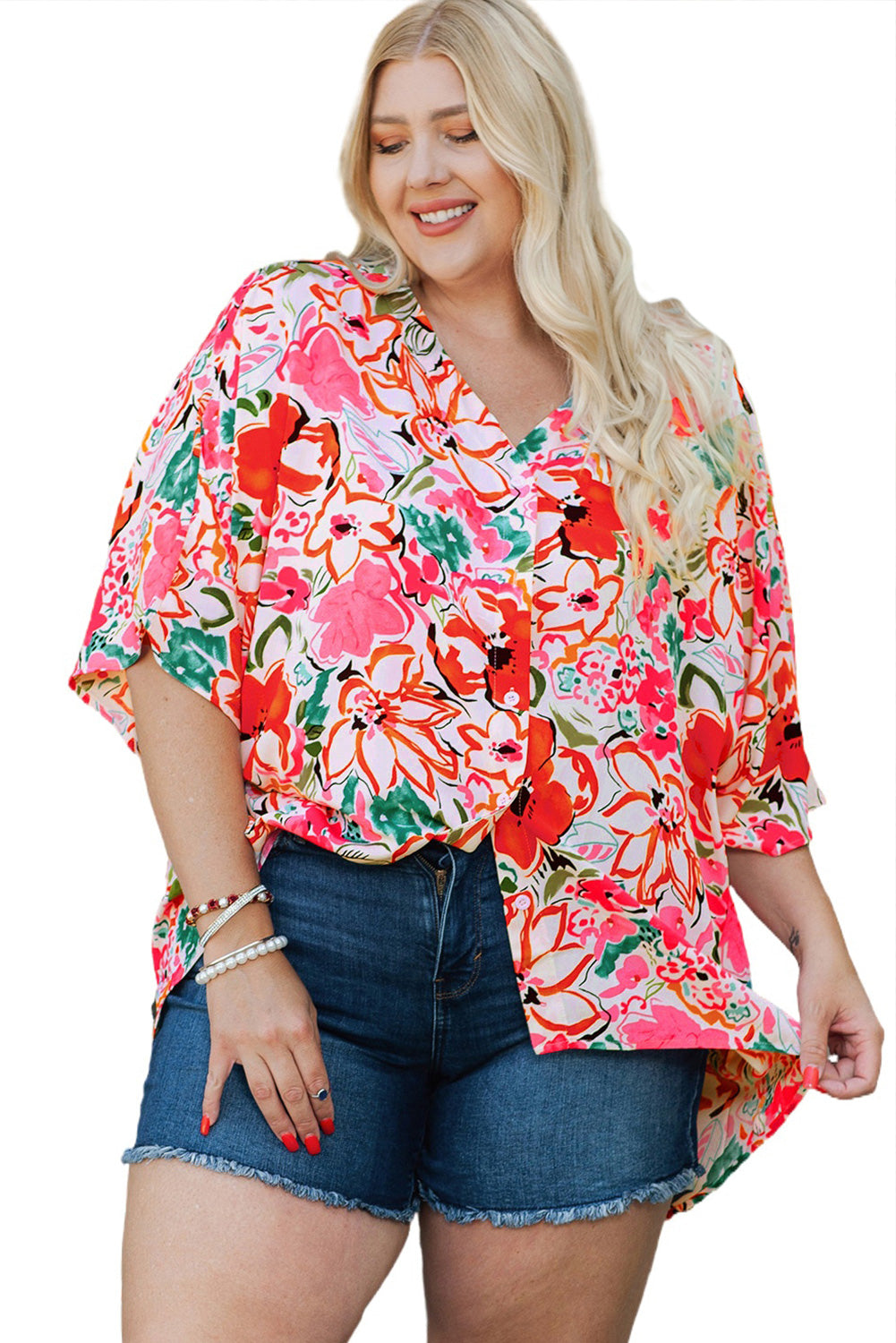 Floral Print Rose Kimono Sleeve Plus Size Blouse