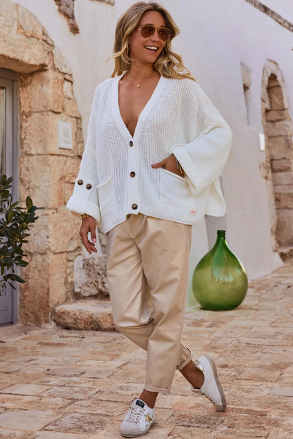 White Double Patch Pocket Button Tab Sleeve V Neck Oversize Sweater Cardigan