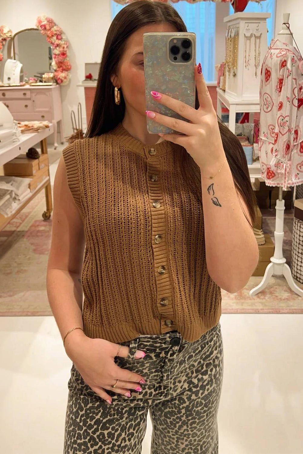 Camel Buttoned Front Sleeveless Sweater Vest