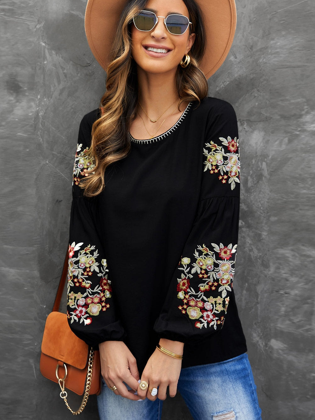 Elegant Floral Embroidered Black Top