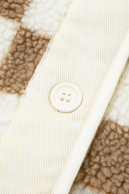 Brown Checkered Sherpa Buttoned Front Chunky Jacket