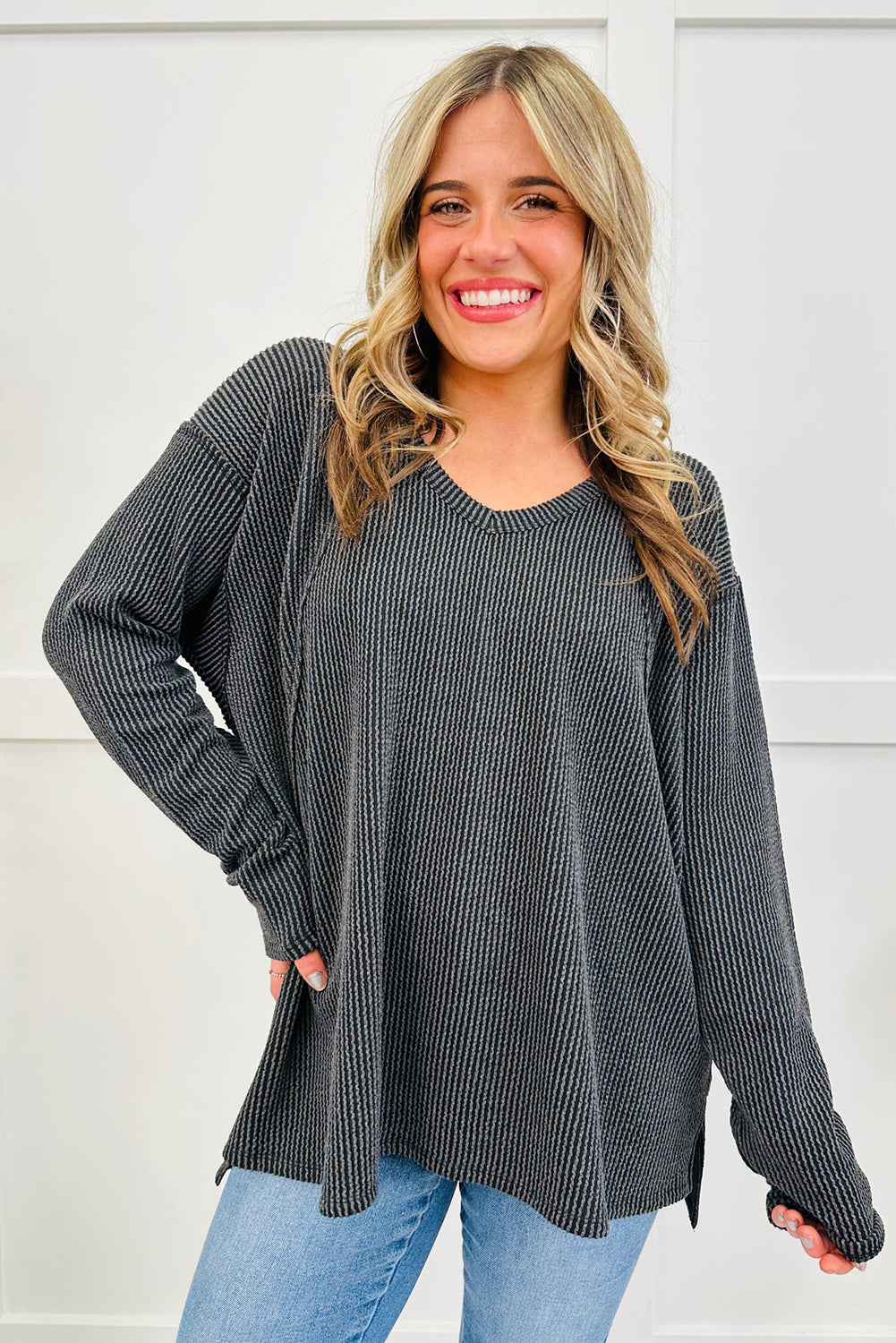 Dark Grey Twisted Rib Texture Exposed Seam Patchwork Loose Long Sleeve Top