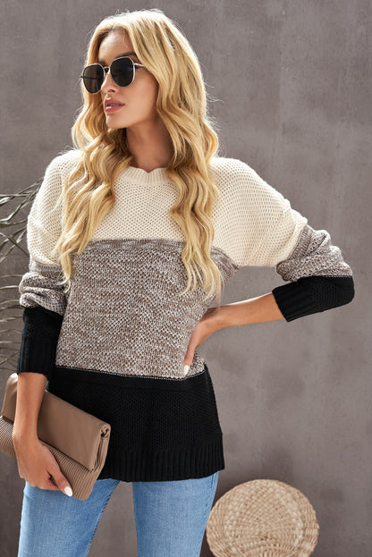 Black Color Block Netted Texture Pullover Sweater