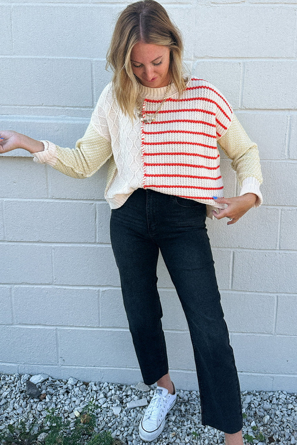 Red Stripe Mix Texture Patchwork Drop Shoulder Knit Loose Sweater