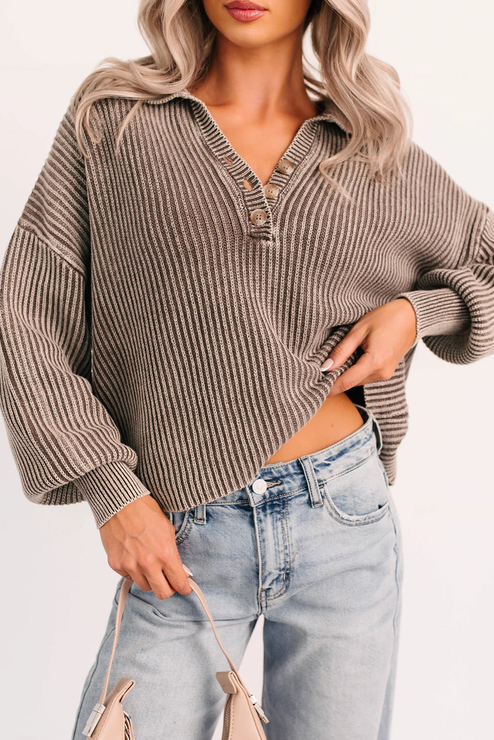 Dark Brown Mineral Washed Knit Button Polo Collar Loose Sweater