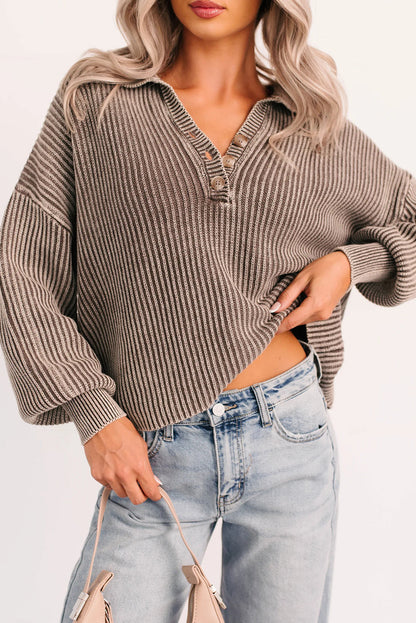 Dark Brown Mineral Washed Knit Button Polo Collar Loose Sweater