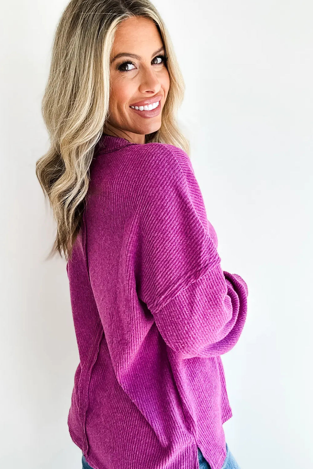 Bright Pink Solid Color Ribbed Knit Raw Seam Long Sleeve Top