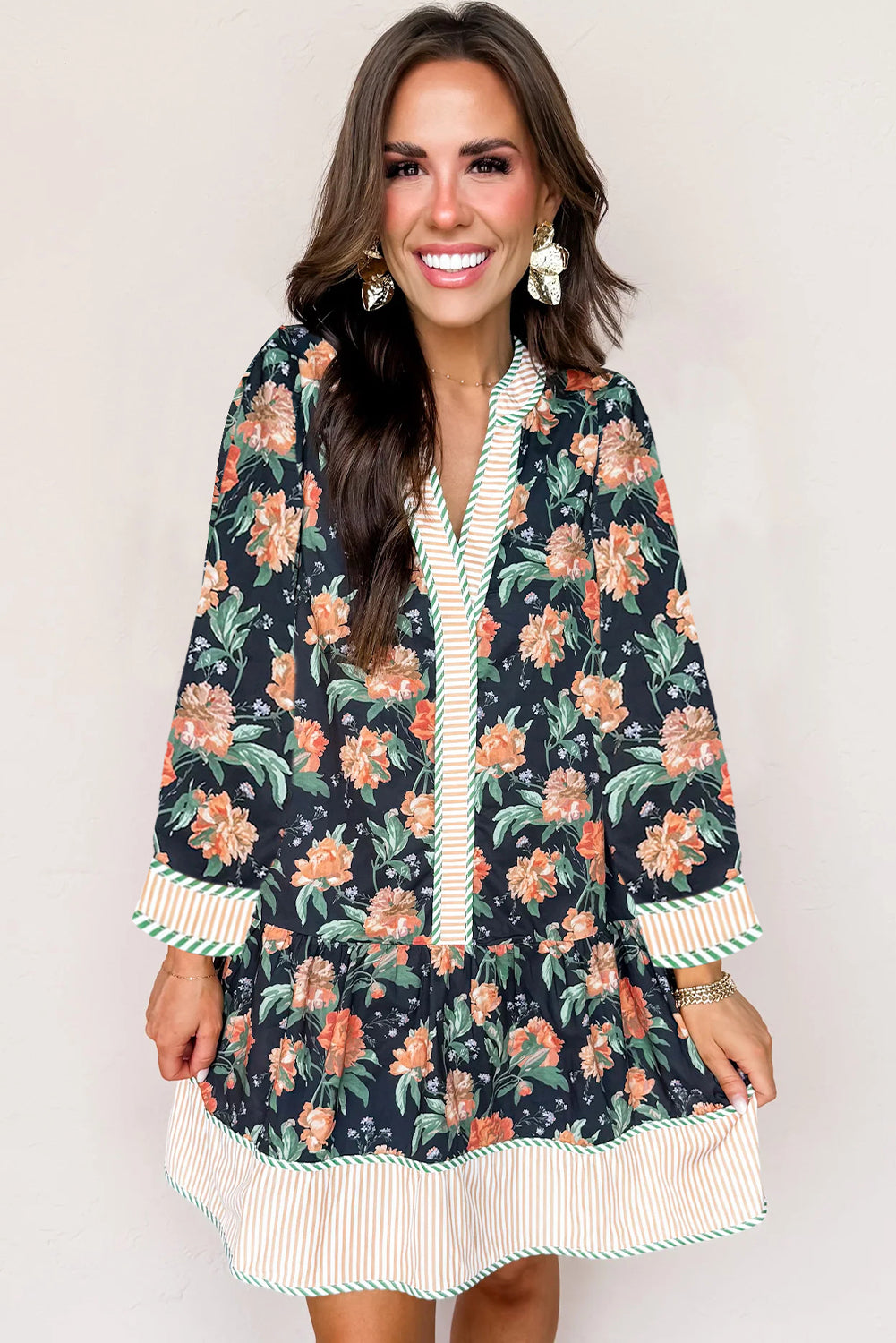 Blue Floral Print Striped Trim V Neck Long Sleeve Ruffle Hem Shift Mini Dress