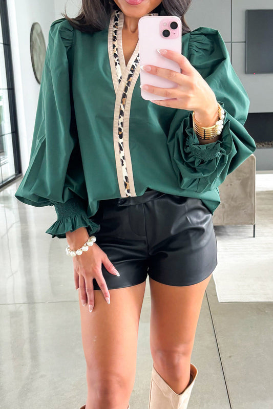 Evergreen Puffy Flounce Sleeve Leopard Trim V Neck Blouse