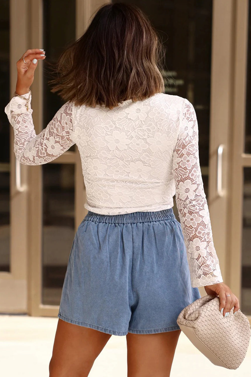 White Lace Sheer Long Sleeve Round Neck Slim Top