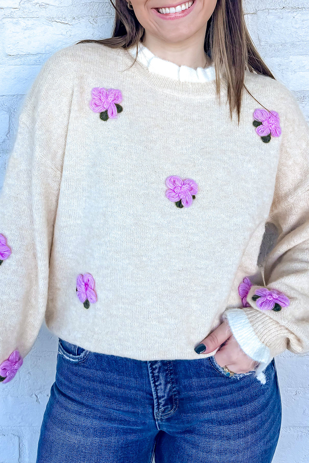Beige Cute Flower Decor Contrast Trim Neck Cuffed Sweater