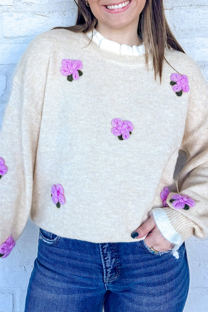 Beige Cute Flower Decor Contrast Trim Neck Cuffed Sweater