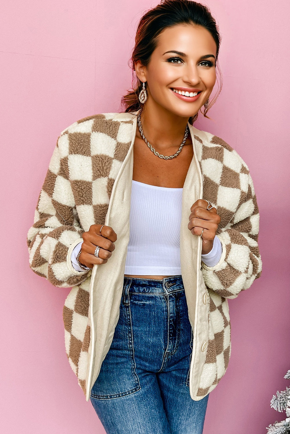 Brown Checkered Sherpa Buttoned Front Chunky Jacket