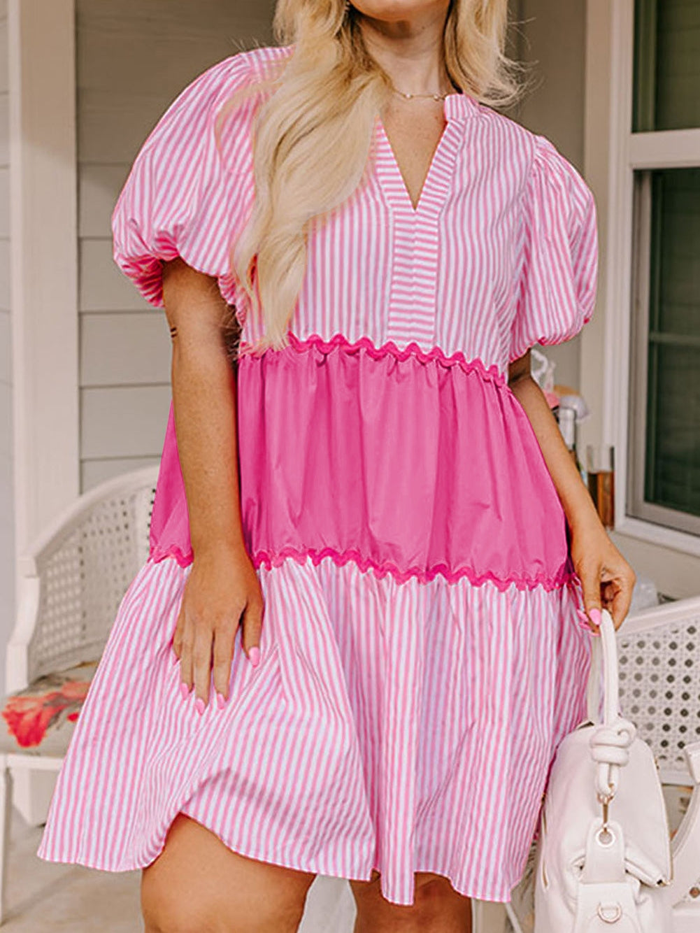 Pink Ricrac Stripe Block Puff Sleeve A-Line Shift Dress
