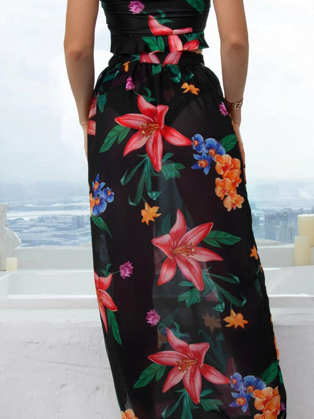 Floral Black Bikini Set with Front Twist and Cover-up