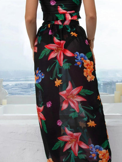 Floral Black Bikini Set with Front Twist and Cover-up