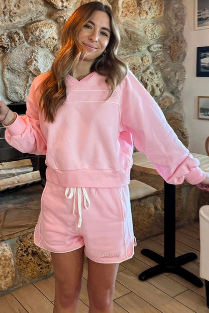 Light Pink Contrast Trim V Neck Pullover Top and Drawstring Shorts Set