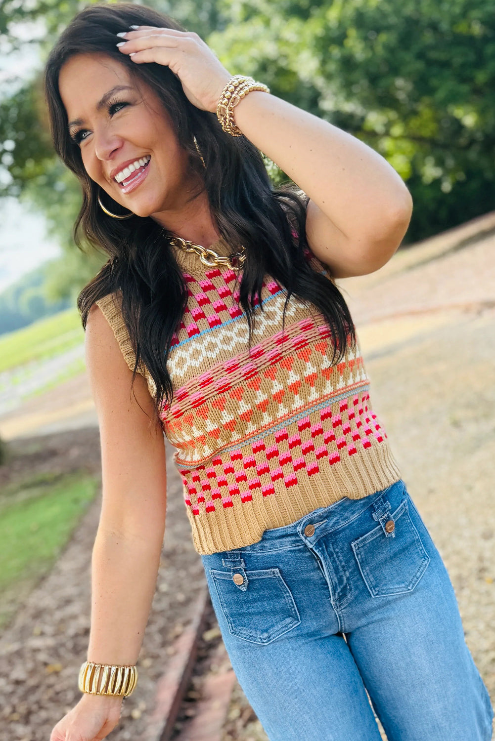 Khaki Playful Geometry Knit Slim Sweater Tank Top