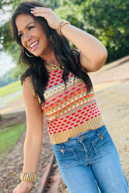 Khaki Playful Geometry Knit Slim Sweater Tank Top