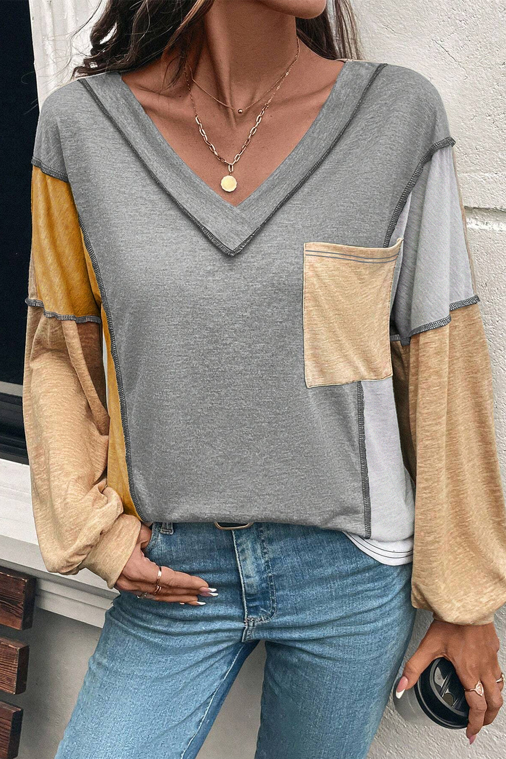 High Exposed Stitching Colorblock V Neck Long Sleeve Top