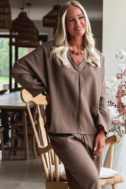 Dark Khaki Braided Trim V Neck Oversize Top Drawstring Pants Loose 2pcs Outfit