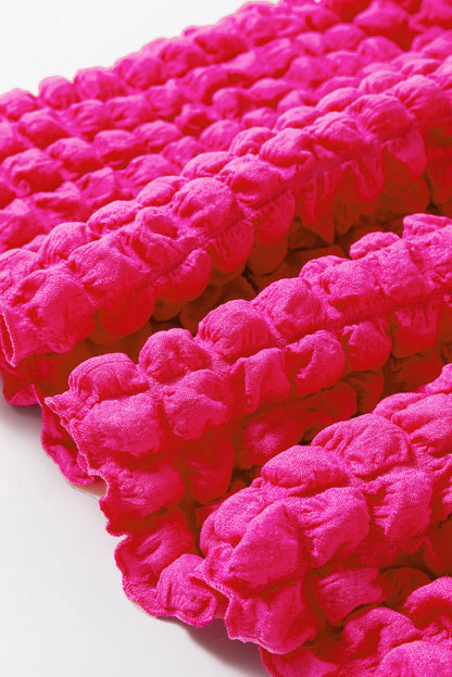 Strawberry Pink Bubble Textured Square Neck Plus Size Top with Short Sleeves