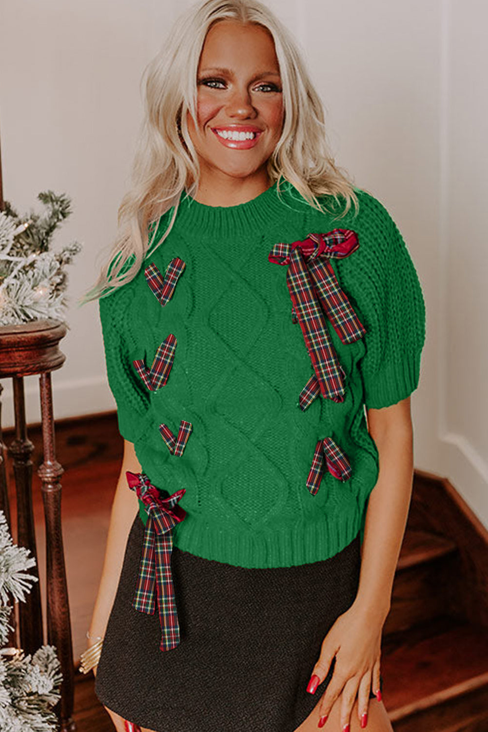 Bright Green Plaid Lace up Detail Christmas Holiday Puff Short Sleeve Sweater