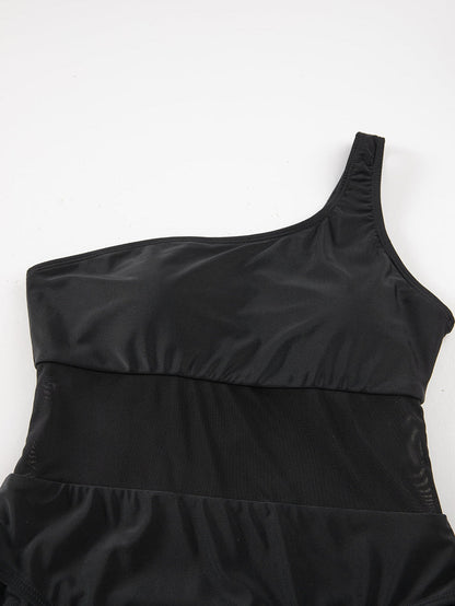 Black Mesh Patchwork One-shoulder Monokini Swimsuit