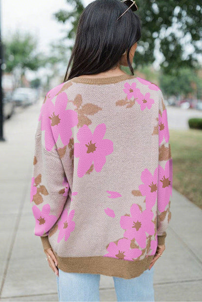 Khaki Floral Print Drop Shoulder Sweater