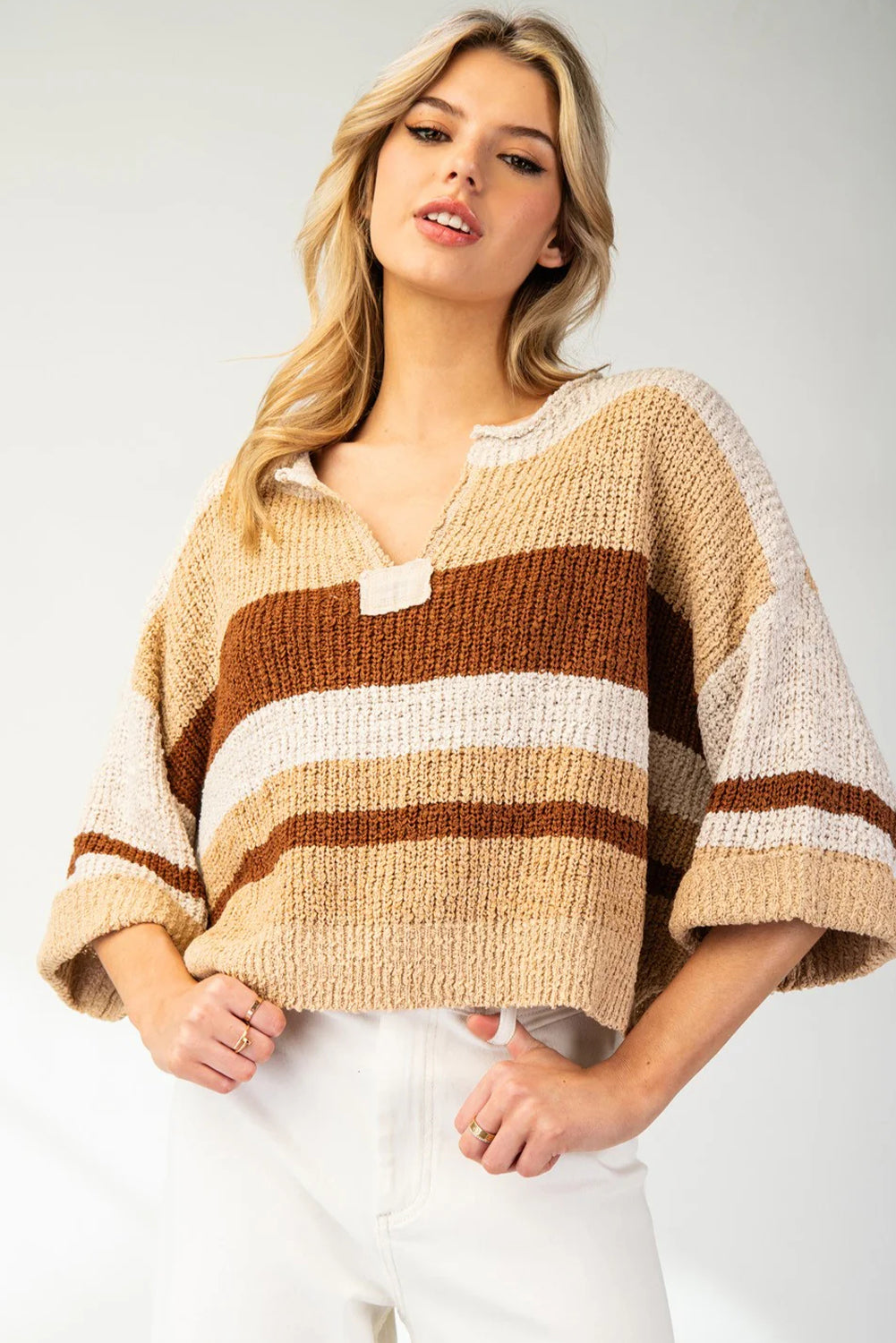 Khaki Striped Color Block Knit Split Neck Loose 3/4 Sleeve Side Split Sweater