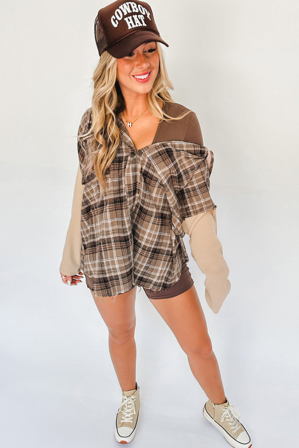 Khaki Plaid Patch Hooded Frayed Shacket