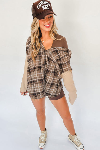 Khaki Plaid Patch Hooded Frayed Shacket