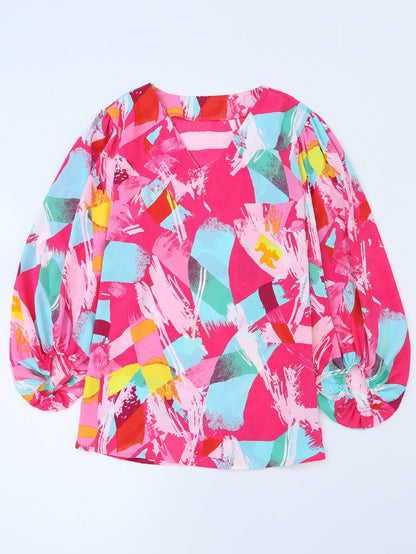 Vibrant Pink Graffiti Print Plus Size Blouse with Puff Sleeves