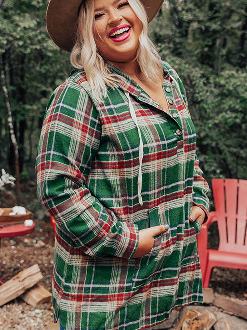 Green Plus Size Plaid Kangaroo Pocket Drawstring Hoodie