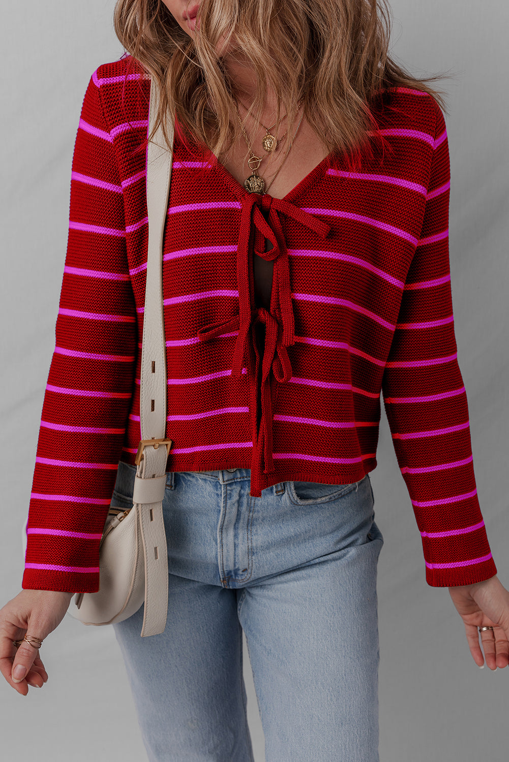 Red Stripe Tie Front Striped Knit V Neck Cardigan Sweater