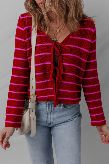 Red Stripe Tie Front Striped Knit V Neck Cardigan Sweater