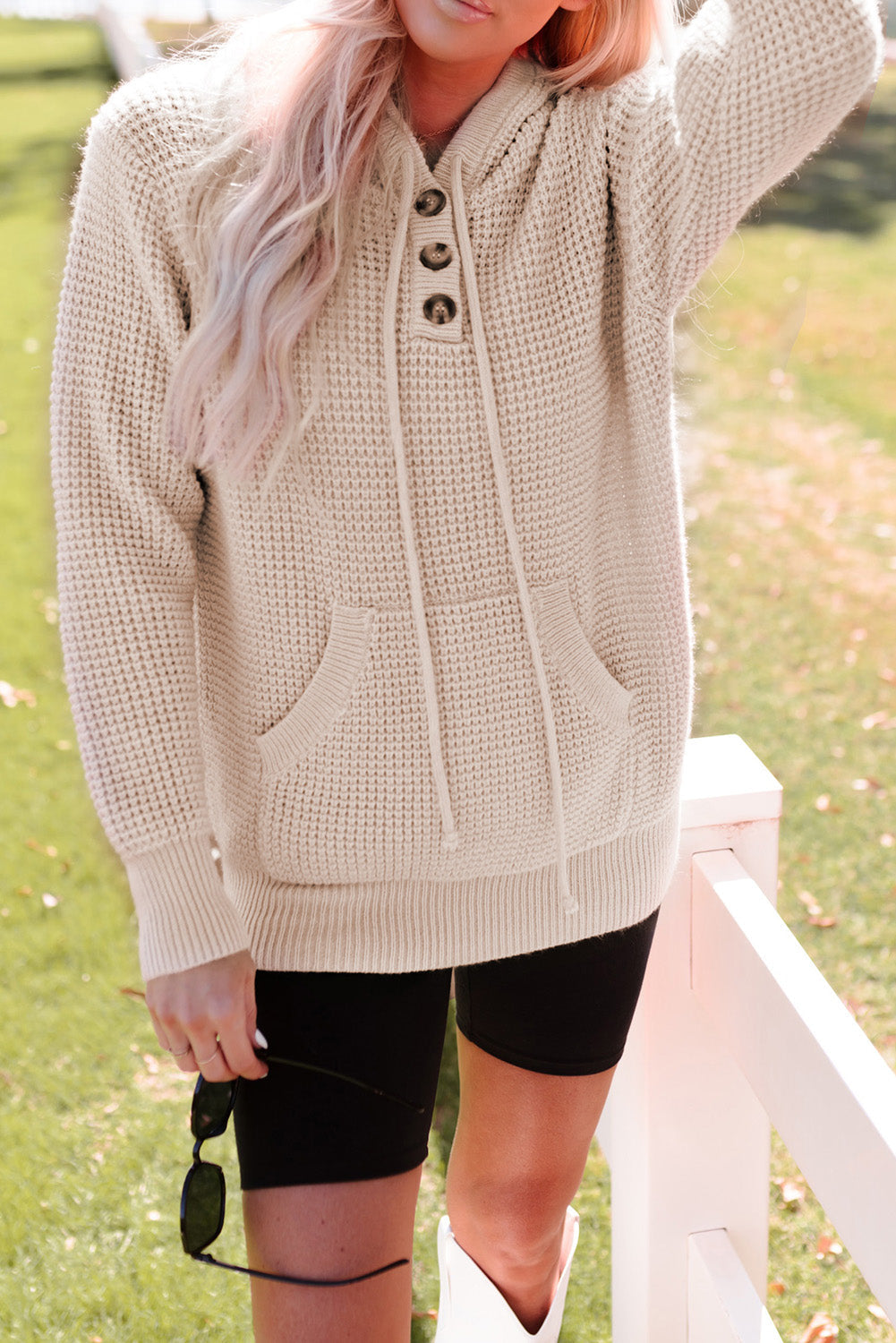 Apricot Hooded Waffle Knit Sweater with Button-Up Front Pocket