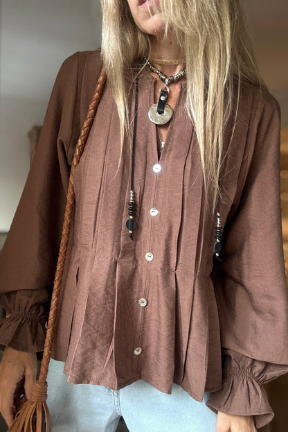 Coffee Pintuck Buttoned Front Decor Ruffled Sleeve Loose Blouse