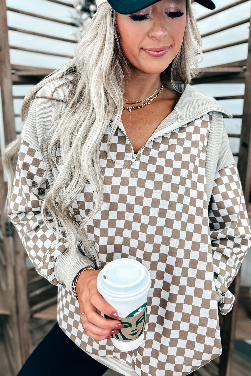 Khaki Checkered Print Quarter Zip Ribbed Patchwork Loose Sweatshirt