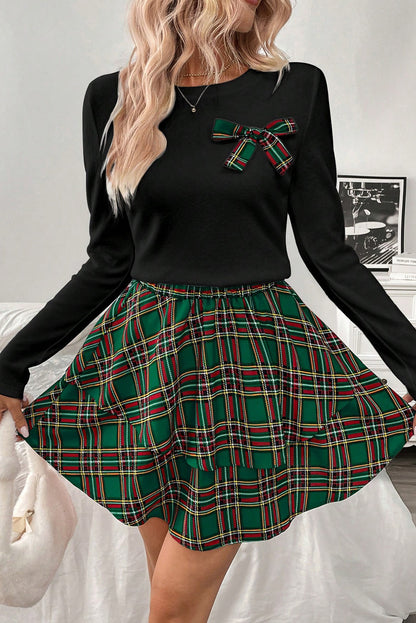 Green Long Sleeve Tee Plaid Bow Decor Ruffle Mini Skirt 2pcs Set