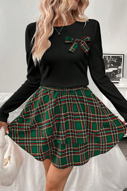 Green Long Sleeve Tee Plaid Bow Decor Ruffle Mini Skirt 2pcs Set