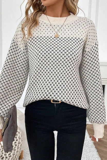 Gray Contrast Color Pattern Lantern Sleeve Sweater