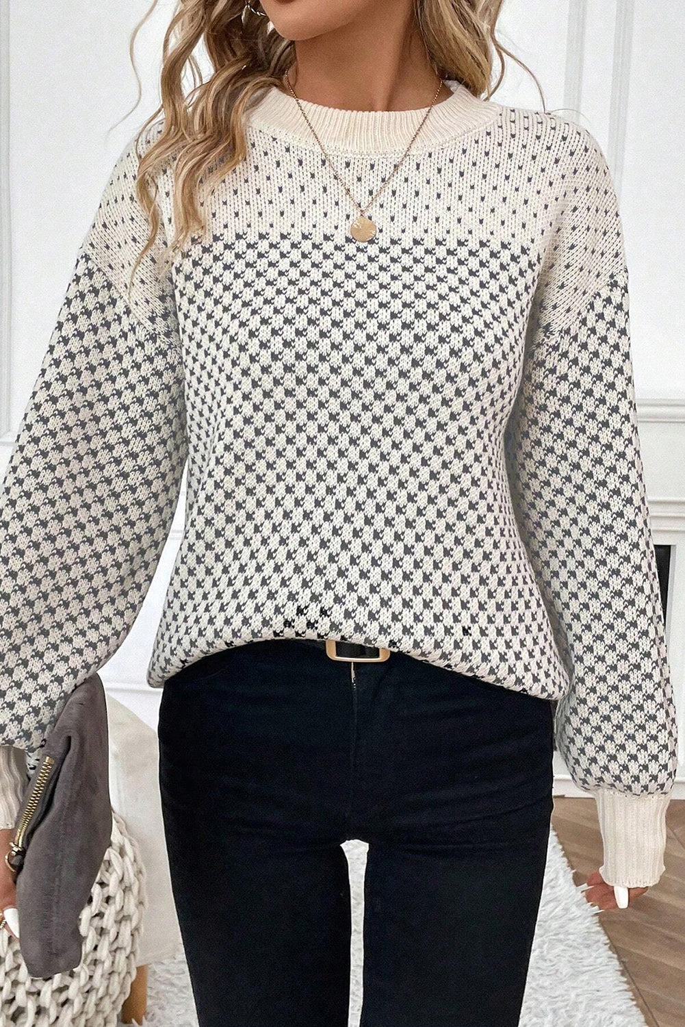 Gray Contrast Color Pattern Lantern Sleeve Sweater