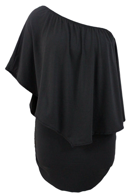 Elegant Black Layered Poncho Mini Dress for Plus Size Women