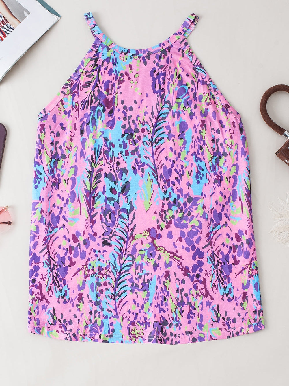 Multicolor Floral Print Round Neck Plus Size Tank Top