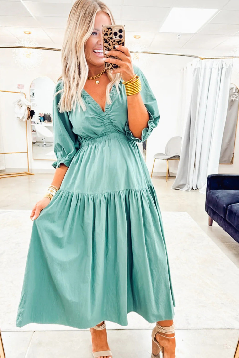 Canton V Neck Frilled Puff Sleeve Cinched Waist Flared Long Dress