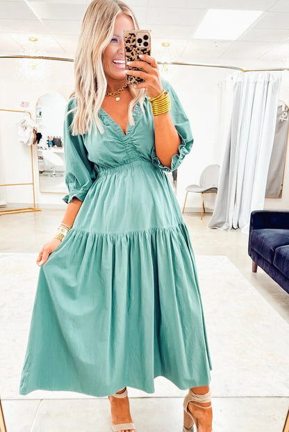 Canton V Neck Frilled Puff Sleeve Cinched Waist Flared Long Dress