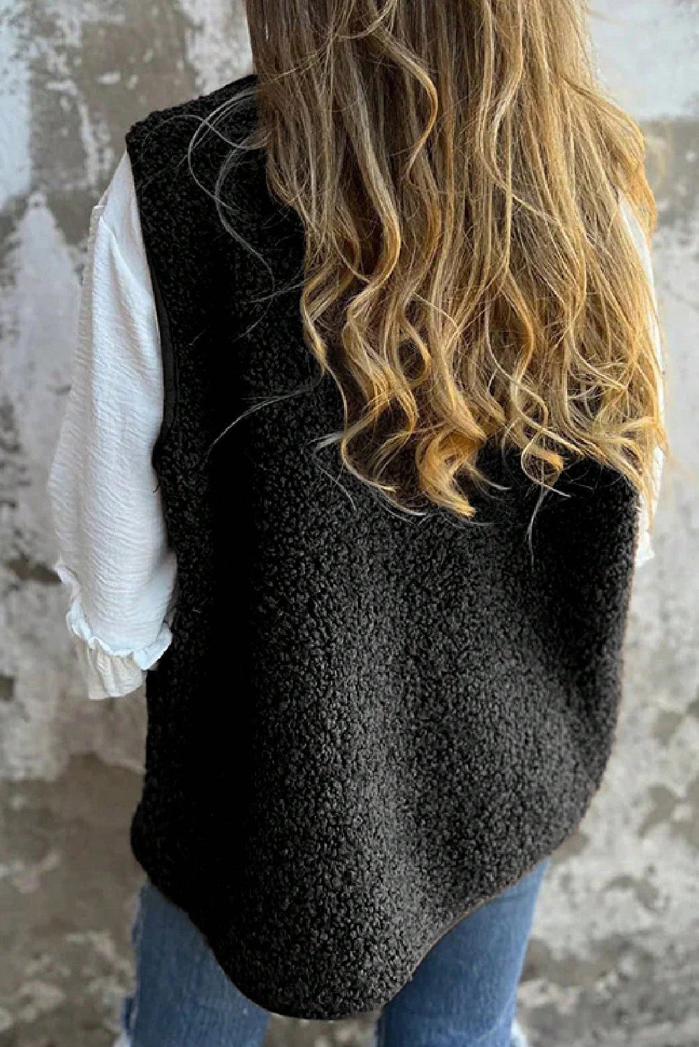 Black V Neck Button Front Plush Teddy Vest
