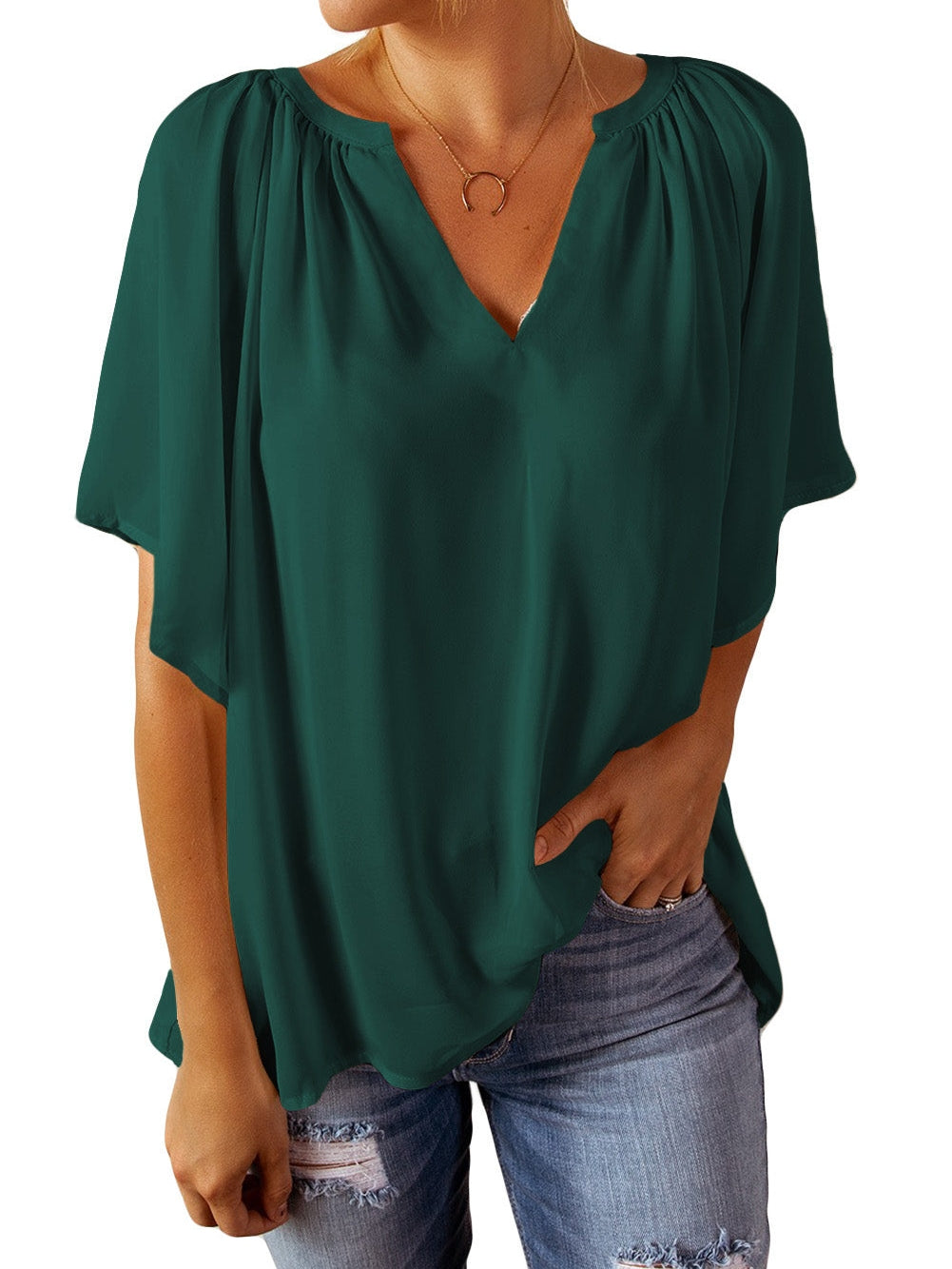 Green Split V-Neck Pleated Flutter Sleeve Blouse