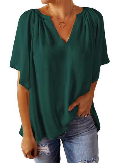 Green Split V-Neck Pleated Flutter Sleeve Blouse